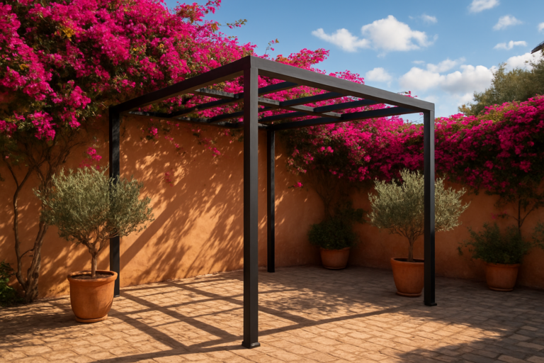 Pérgola metálica elegante en patio mallorquín con metalistería